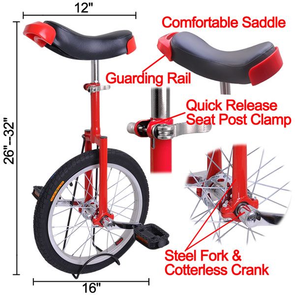 16 inch Wheel Unicycle Red - Trend Times Toy Stores