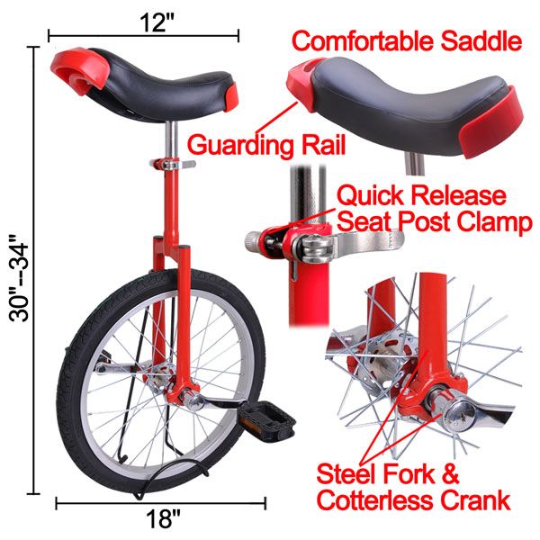 18 inch Wheel Unicycle Red - Trend Times Toy Stores