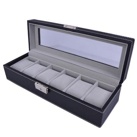 Black Leather 6 Watch Display Case Glass Top Jewelry Box