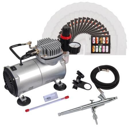 Dual Airbrush Kit Air Compressor with 200 Nail Stencils