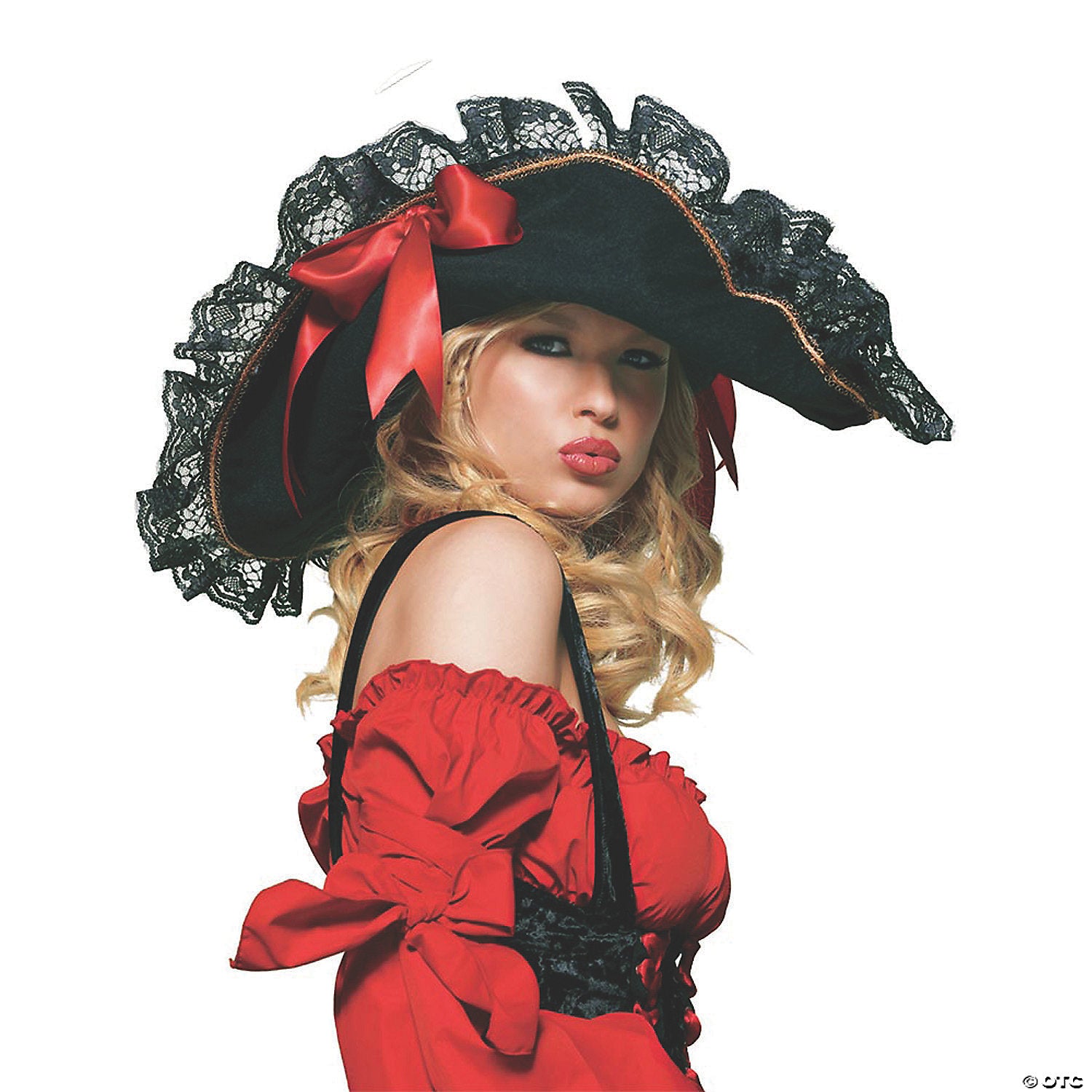 women s black swashbuckler hat with lace & red ribbon~ua2098