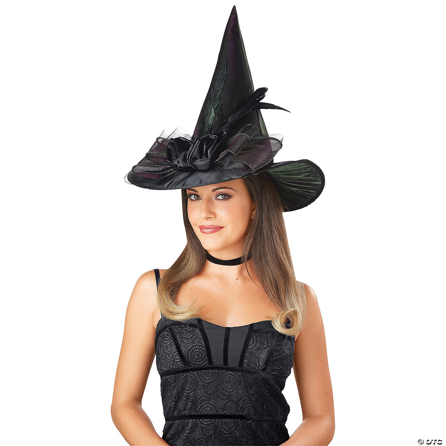 adults black witch hat with bow & feather~sew10610-a01