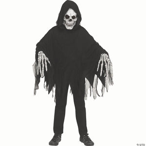 kids black polyester hooded poncho with grey skeleton reaper mask costume~fw134092gy