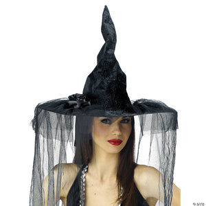 adults deluxe black velour witch hat with rose & veil~mr167027