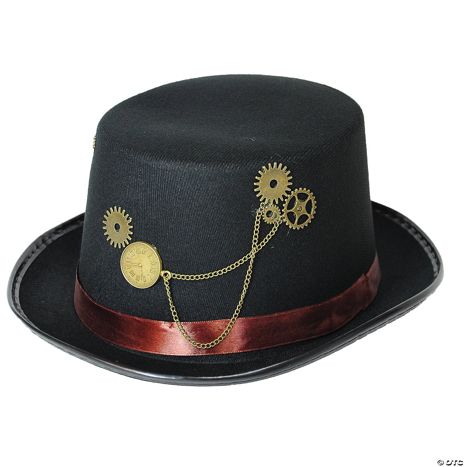 adults black steampunk hat with red hatband & gold chains~gc06