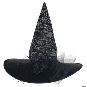 adults deluxe black witch hat with silver glitter & tulle~sew10718