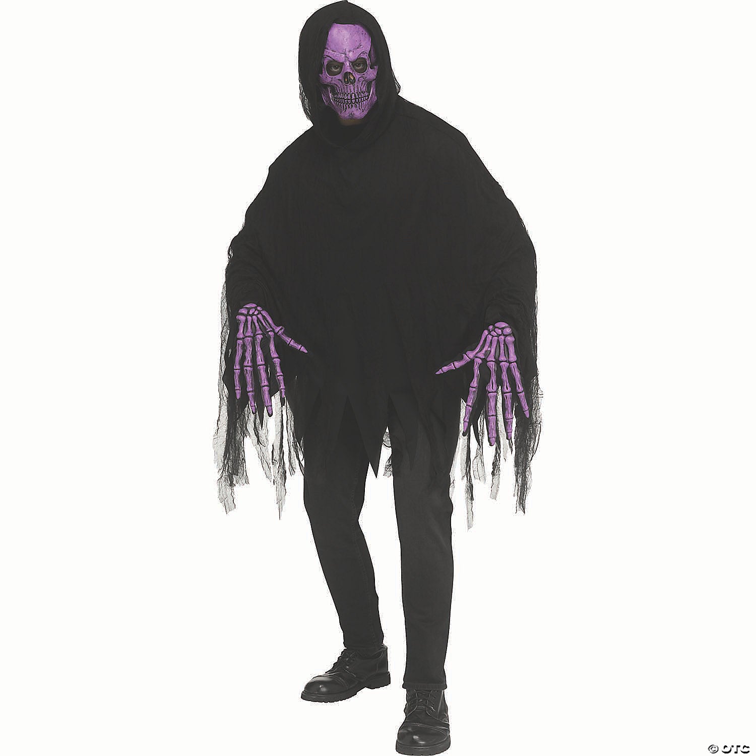 adults black polyester hooded poncho with purple skeleton reaper mask costume~fw134094p