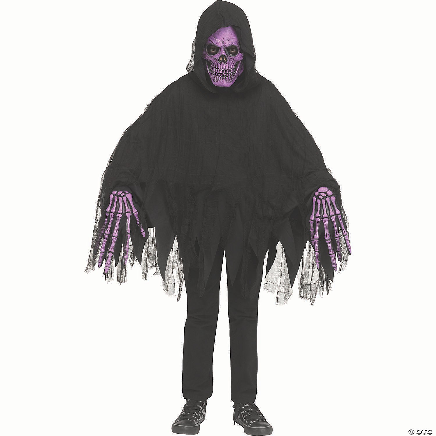 kids black polyester hooded poncho with purple skeleton reaper mask costume~fw134092p