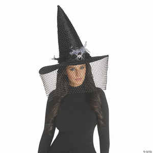 adults black poiyester witch hat with feathers  spider bling & net veil costume accessory~fw93716f