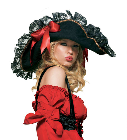 Women's Black Swashbuckler Hat with Lace & Red Ribbon