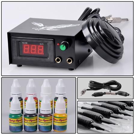 Tattoo Supplies Kit- LCD Power Supply Needles Inks Practice Skin