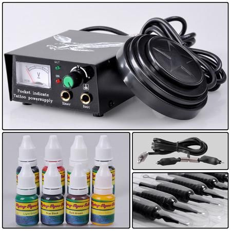 Tattoo Supplies Kit- Power Supply Needles Inks Practice Skin