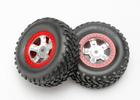 Tires and wheels, assembled, glued (SCT satin chrome wheels, red beadlock style, SCT off-road racing tires, foam inserts) (1 each, right & left)