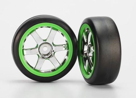 Tires and wheels, assembled, glued (Volk Racing TE37 chrome/green wheels, 1.9 Gymkhana slick tires) (2)