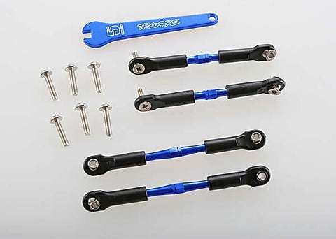 Turnbuckles, aluminum (blue-anodized), camber links, front, 39mm (2), rear, 49mm (2) (assembled w/rod ends & hollow balls)/ wrench